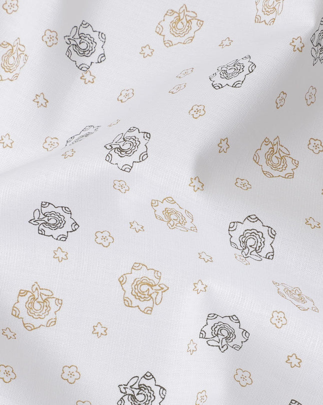 قماش الكتان الأبيض الفاخر بنسبة 100% مع طباعة باللون الأخضر الزيتوني والأسود بتصميم الأزهار-D10763