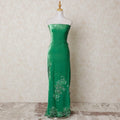 Kelly green silk blended velvet fabric with same tone embroidery having stone work in floral design-D14439