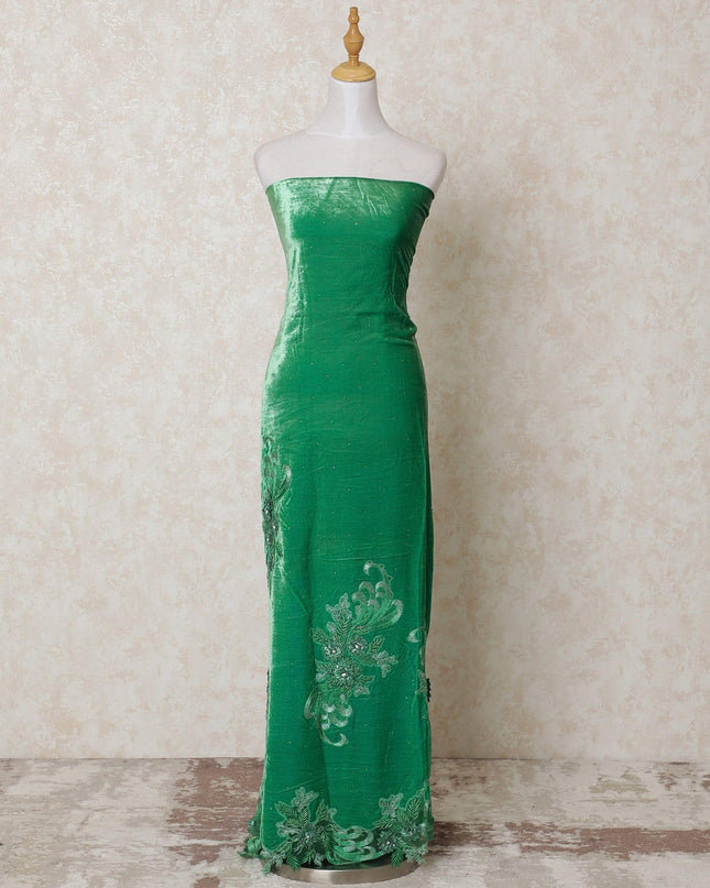 Kelly green silk blended velvet fabric with same tone embroidery having stone work in floral design-D14439