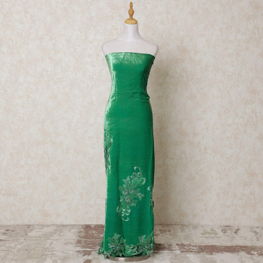 Kelly green silk blended velvet fabric with same tone embroidery having stone work in floral design-D14439