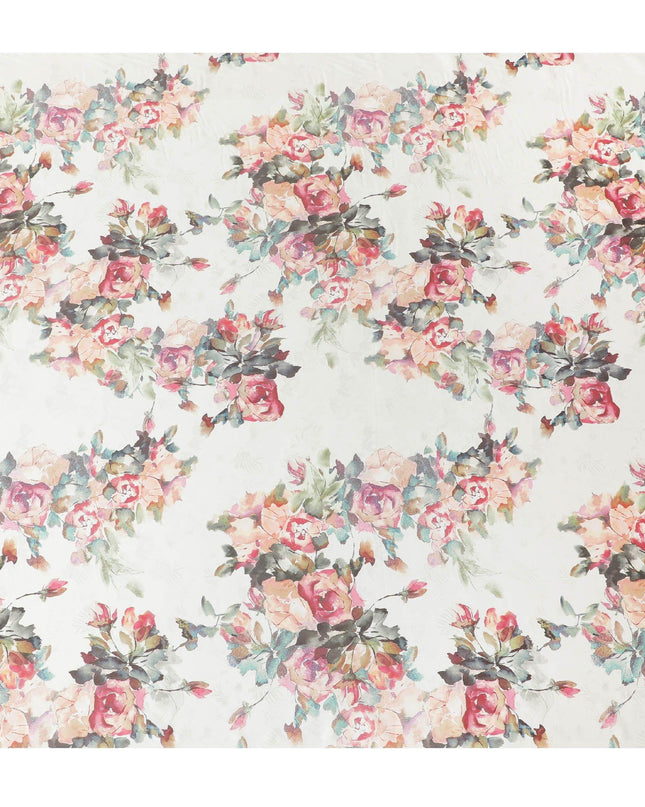 Ivory synthetic satin fabric with multicolor print in floral design-D10276