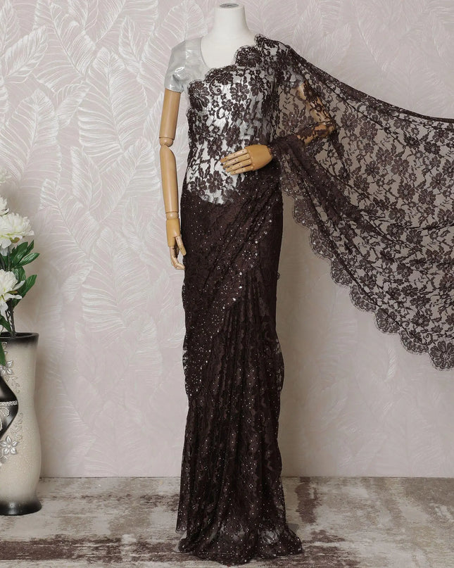 Mocha brown Premium pure French chantilly lace saree having stone work in floral design-D14595 Regal Fabrics