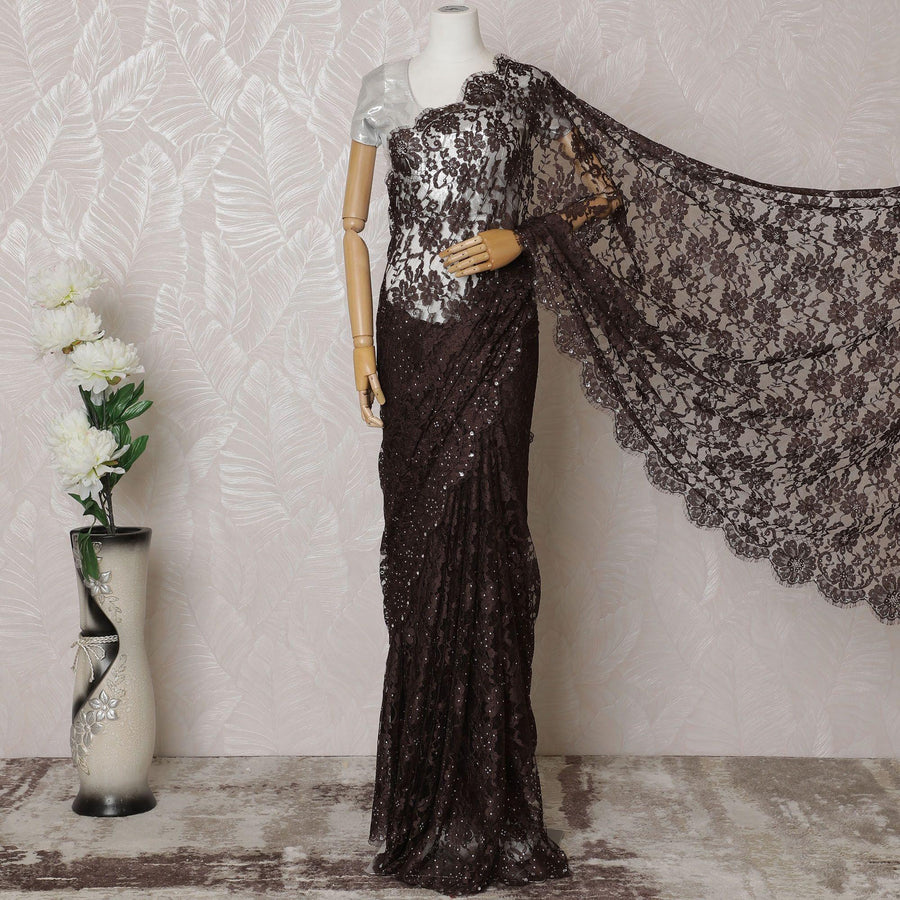 Mocha brown Premium pure French chantilly lace saree having stone work in floral design-D14595