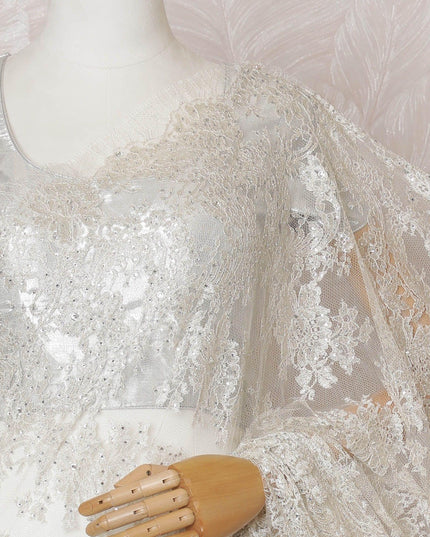 Off white, light gold Premium pure French metallic chantilly lace saree having stone work in floral design-D14588 Regal Fabrics