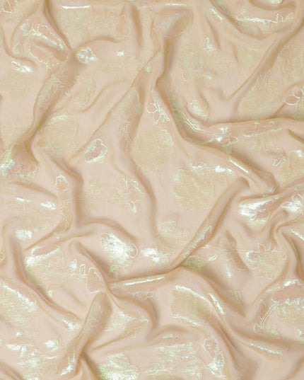 قماش الشيفون الحريري الخالص الفاخر باللون البيج اللاتيه مع اللوريكس المعدني باللون الأخضر النيون بتصميم الأزهار-D12420