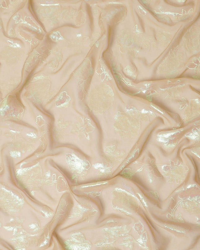 قماش الشيفون الحريري الخالص الفاخر باللون البيج اللاتيه مع اللوريكس المعدني باللون الأخضر النيون بتصميم الأزهار-D12420