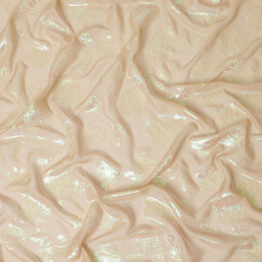 قماش الشيفون الحريري الخالص الفاخر باللون البيج اللاتيه مع اللوريكس المعدني باللون الأخضر النيون بتصميم الأزهار-D12420