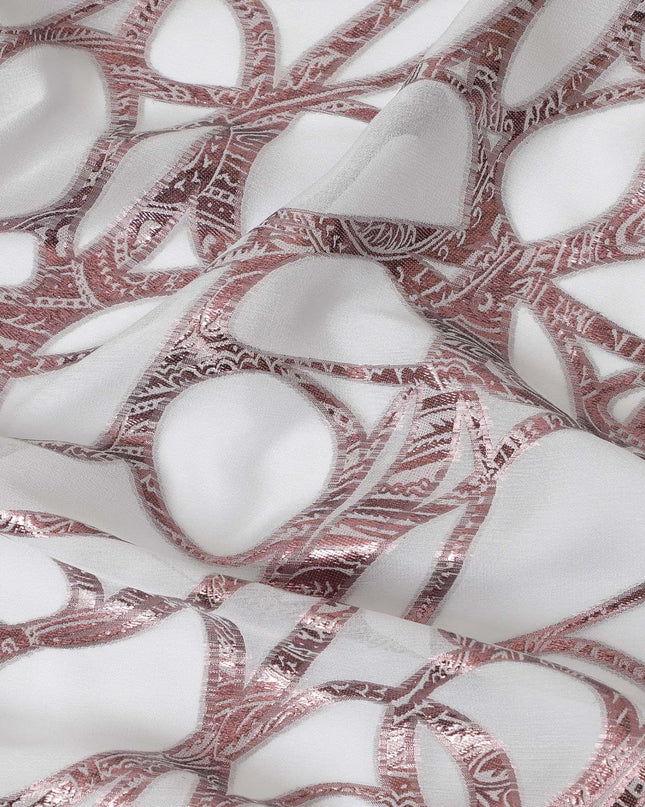 قماش شيفون من الحرير الخالص باللون الأبيض اللؤلؤي مع لوريكس معدني وردي وردي بتصميم تجريدي -D10543