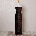 Dark maroon silk blended velvet fabric with same tone embroidery, black flock having stone work in fancy design-D15093