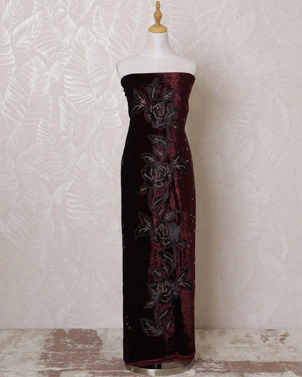 Dark maroon silk blended velvet fabric with same tone embroidery, black flock having stone work in fancy design-D15093