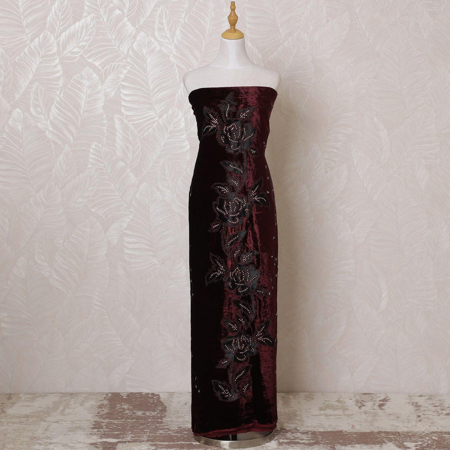 Dark maroon silk blended velvet fabric with same tone embroidery, black flock having stone work in fancy design-D15093