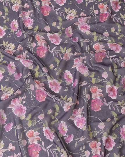 Purple cotton voile fabric with magenta pink, olive green and off white print in floral design-D6279 Regal Fabrics