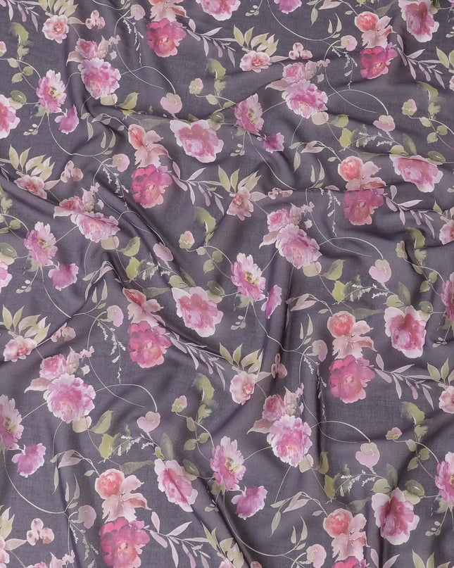 Purple cotton voile fabric with magenta pink, olive green and off white print in floral design-D6279 Regal Fabrics