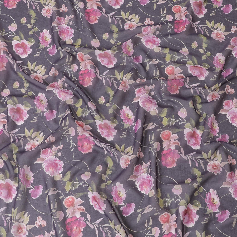 Purple cotton voile fabric with magenta pink, olive green and off white print in floral design-D6279 Regal Fabrics