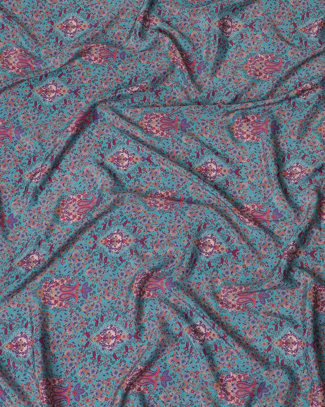 Sea blue synthetic crepe fabric with multicolor print in floral design-D15025 Regal Fabrics