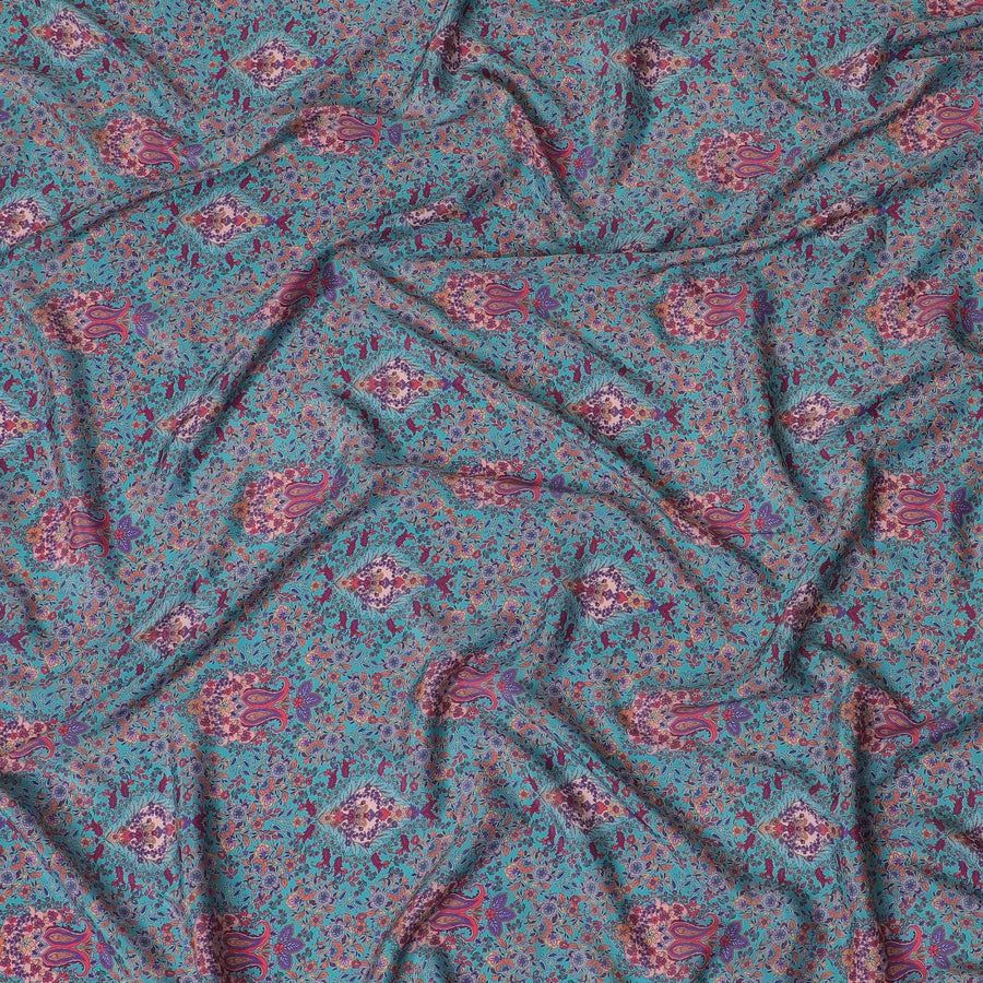 Sea blue synthetic crepe fabric with multicolor print in floral design-D15025