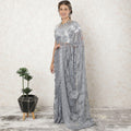 Grey, Silver Premium French metallic lace saree in floral design-D10910