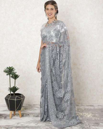 Grey, Silver Premium French metallic lace saree in floral design-D10910