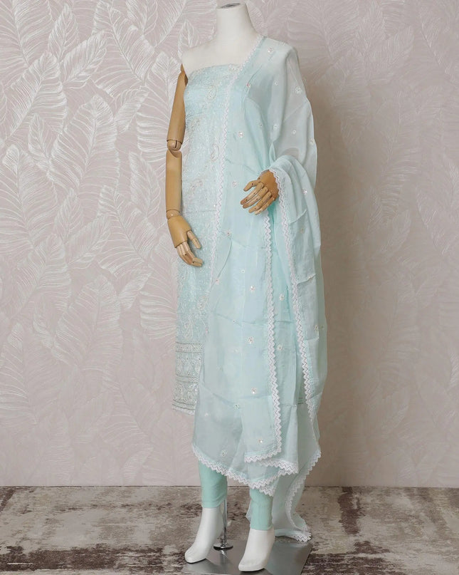 Electric blue Premium pure silk organza kameez with off white embroidery and multicolor sequin  in floral design. Electric blue plain salwar having same tone organza dupatta with floral embrodiery-D15002 Regal Fabrics