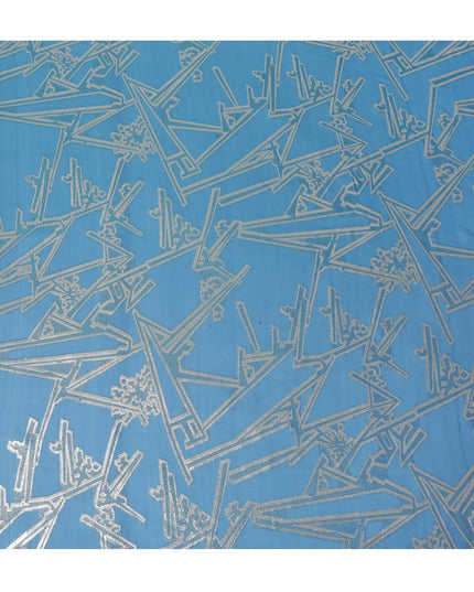 Blue Premium pure silk chiffon fabric with gold metallic lurex in abstract design-D13844