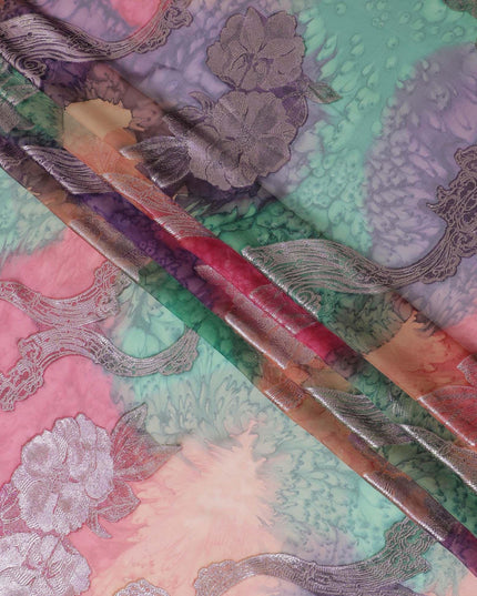 قماش شيفون حريري فرنسي (فرنساوي) فاخر متعدد الألوان مع لوركس معدني ذهبي بتصميم زهور-D14018