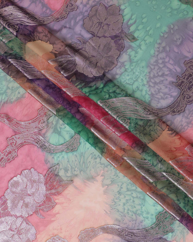 قماش شيفون حريري فرنسي (فرنساوي) فاخر متعدد الألوان مع لوركس معدني ذهبي بتصميم زهور-D14018