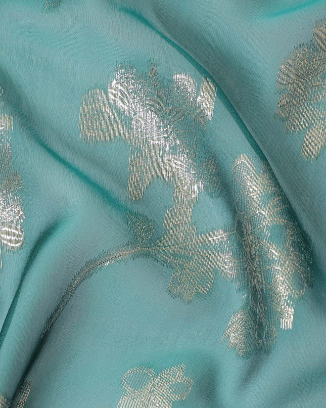 قماش غارباسار من الشيفون الحريري الخالص باللون الأزرق المخضر مع اللوريكس المعدني الذهبي بتصميم الأزهار-D12409