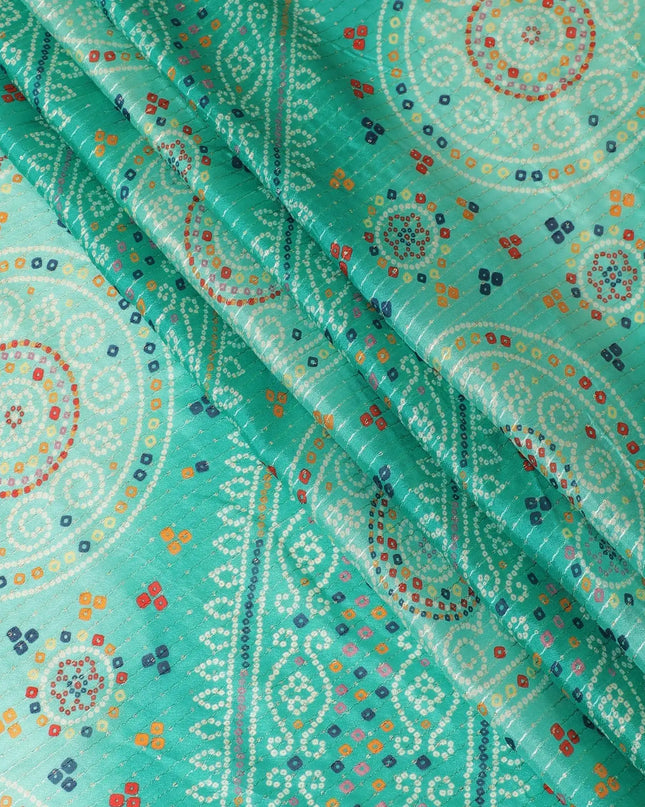 Pine green synthetic chiffon fabric with same tone embroidery stripe having multicolor print and sequins in geometric design-D9757 Regal Fabrics