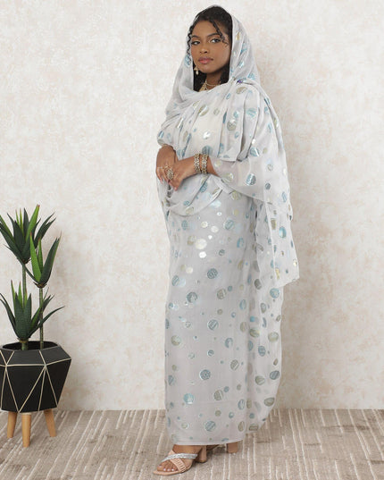 ثوب شيفون من الحرير الخالص باللون الرمادي المميز مع لوركس معدني أزرق وذهبي بتصميم منقط-D11641