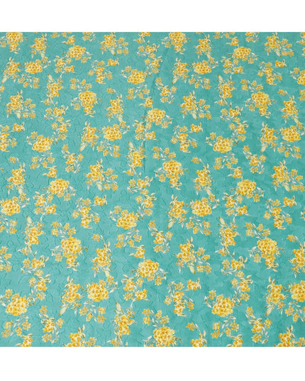 Jade green uragiri cotton voile fabric with same tone jacquard having mustard, olive green and black print in floral design-D14322