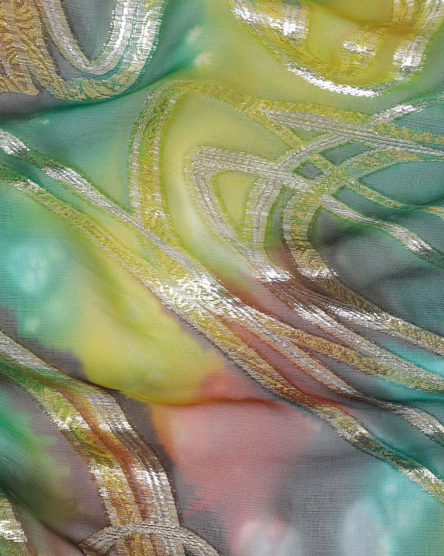 قماش شيفون من الحرير الخالص متعدد الألوان مع لوريكس معدني ذهبي بتصميم تجريدي-D14110