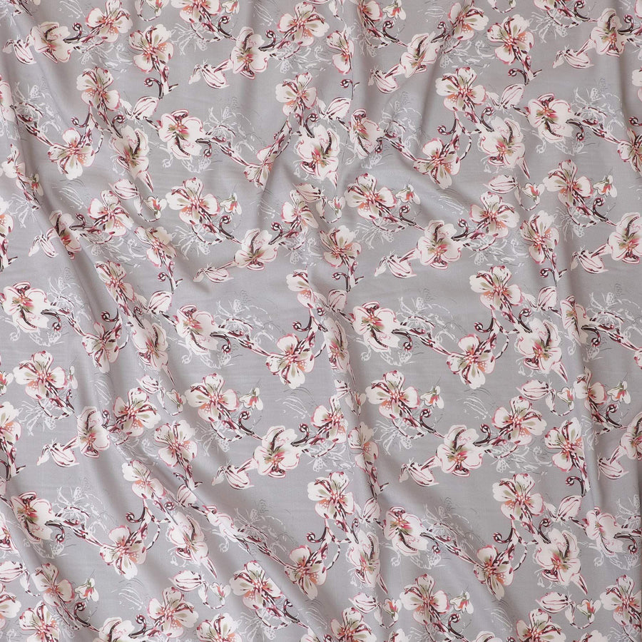 Cloud grey cotton lawn fabric with beige, maroon and cerise pink print in floral design-D9019