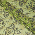 Lime green premium pure silk chiffon fabric with black flock having glitter and gold metallic lurex in floral design-D13721