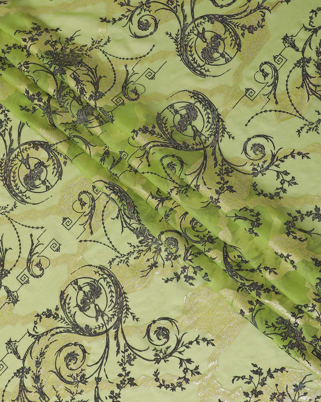 Lime green premium pure silk chiffon fabric with black flock having glitter and gold metallic lurex in floral design-D13721