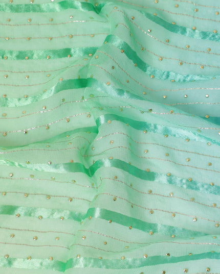 Multicolor synthetic chiffon fabric with gold stripe having same tone metallic dot foil in stripe design-D13652 Regal Fabrics