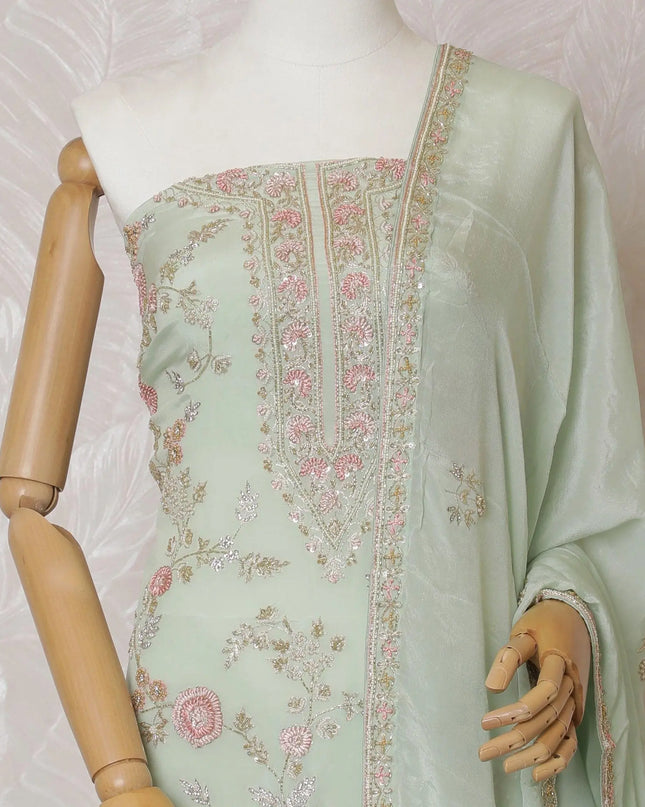 Vista green Premium pure silk crepe kameez with mint green embroidery, sequin work and stone work in floral design. Vista green plain salwar with same tone chiffon dupatta with same tone embroidery and bead work-D15576 Regal Fabrics