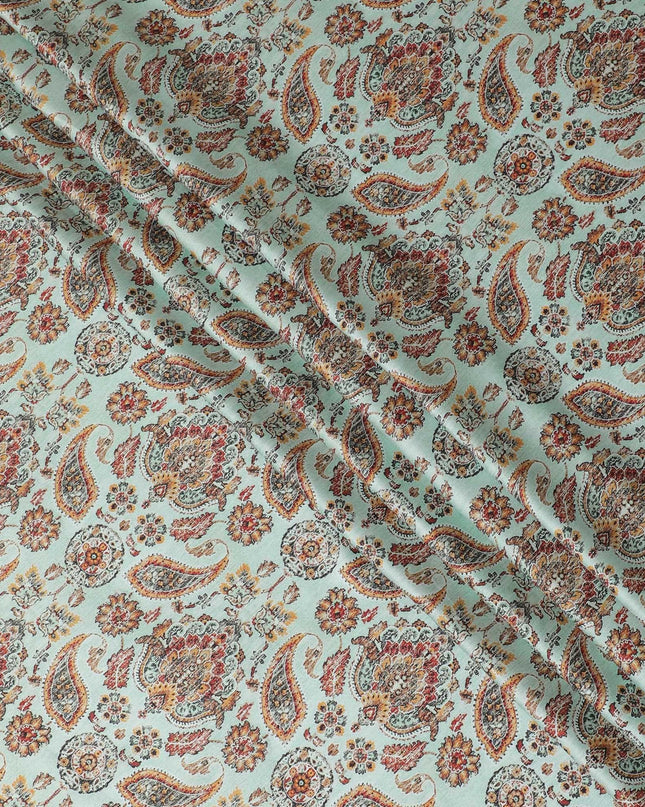 Tiffany blue synthetic satin fabric with multicolor print in paisley design-D14176 Regal Fabrics
