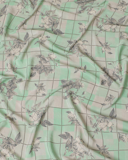 Mint green synthetic crepe fabric with beige and grey print having stone work in floral design-D15297 - Regal Fabrics