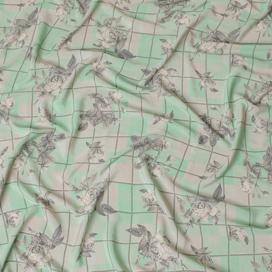Mint green synthetic crepe fabric with beige and grey print having stone work in floral design-D15297 - Regal Fabrics