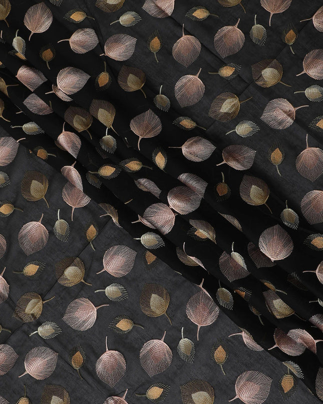Black premium pure cotton voile fabric with gold and pale copper embroidery in floral design-D13639