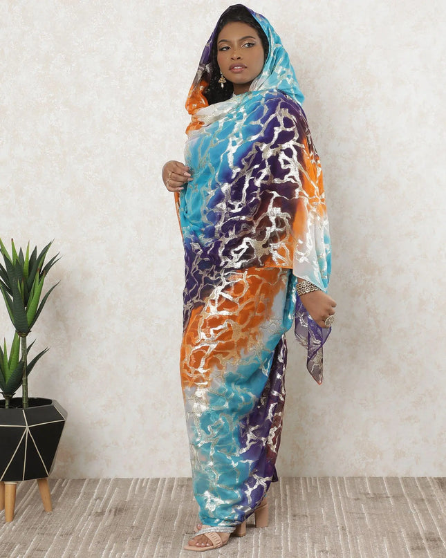 Multicolor Premium pure silk chiffon thobe with gold metallic lurex in fancy design-D11635 Regal Fabrics