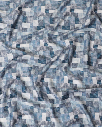 Light Beige cotton satin fabric with black and blue print in abstract design-D11915