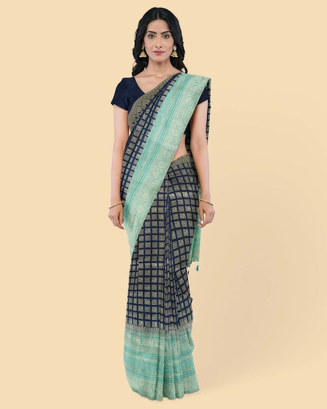 Navy blue to turquoise green imitation silk saree with gold metallic jacquard in floral design-D12785 Regal Fabrics