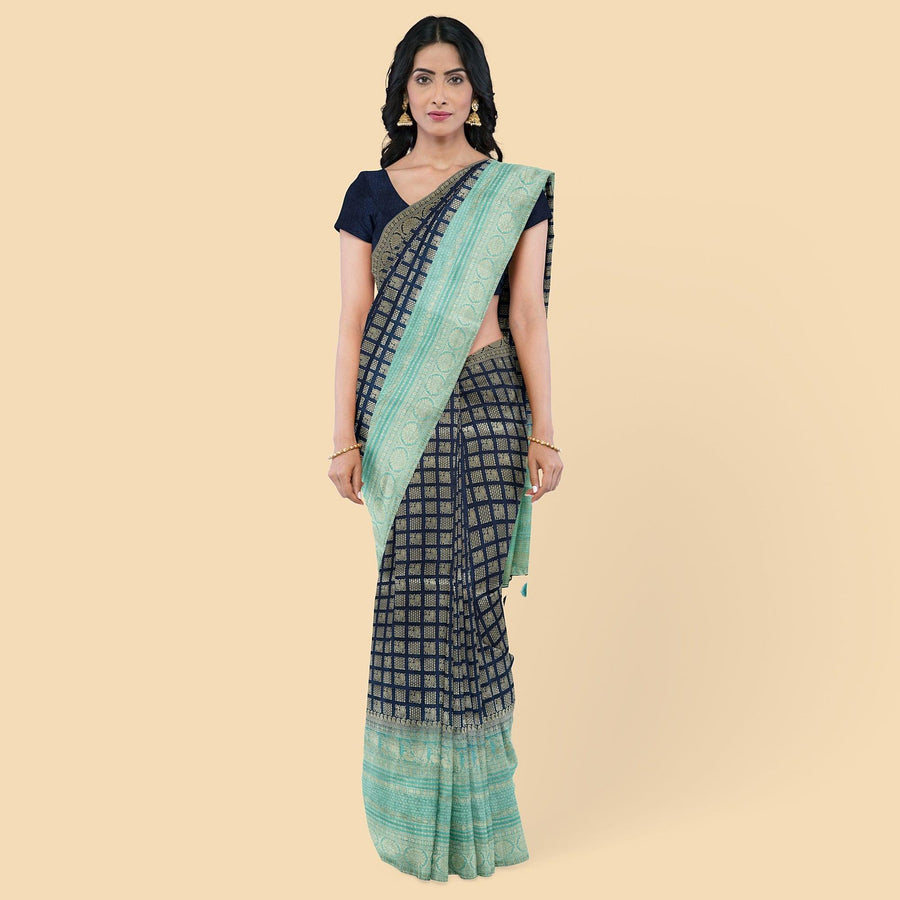 Navy blue to turquoise green imitation silk saree with gold metallic jacquard in floral design-D12785