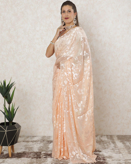 Peach premium pure silk chiffon saree with same tone jacquard having metallic lurex and stone work in floral design-D12592