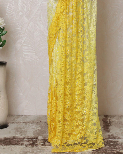 أصفر ليموني إلى أصفر سايبر دانتيل الساري الفرنسي الخالص شانتيلي ذو عمل حجري بتصميم أومبري-D14603