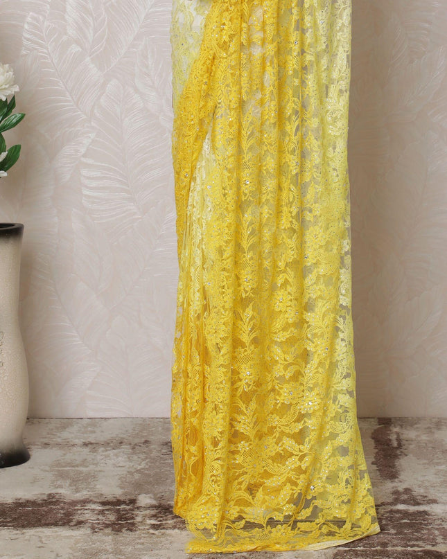 أصفر ليموني إلى أصفر سايبر دانتيل الساري الفرنسي الخالص شانتيلي ذو عمل حجري بتصميم أومبري-D14603