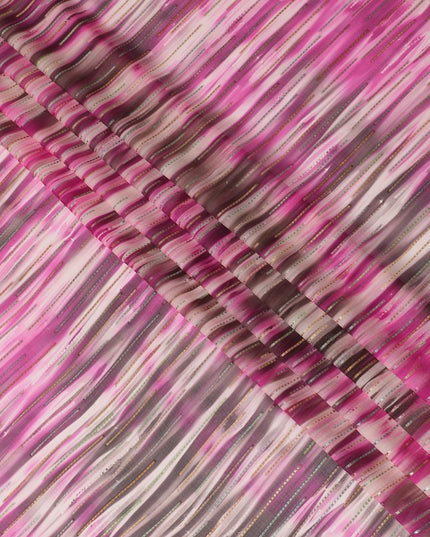 قماش شيفون من الحرير الخالص باللون الأبيض الفاتح مع طباعة باللون الوردي والأسود مع لوريكس معدني ذهبي وفضي بتصميم مخطط - D13981