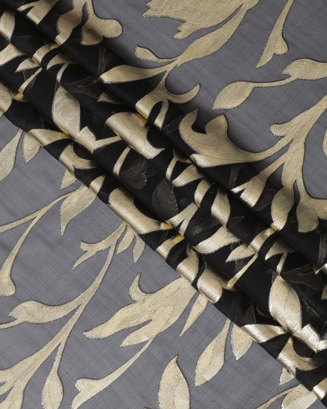 Black Premium pure silk chiffon with gold metallic lurex in Leaf design-D11358