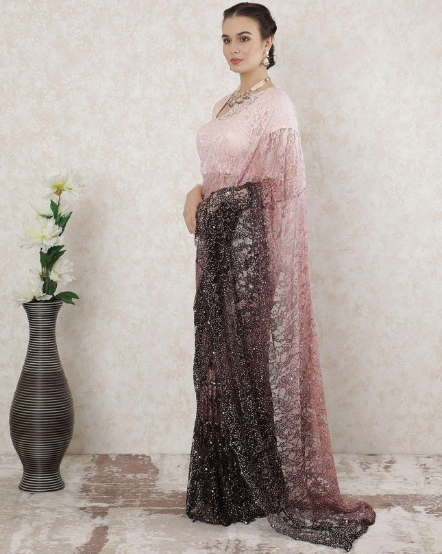 Light pink to mocha brown Premium Pure French chantilly lace saree having stone work in Ombre design-D14488